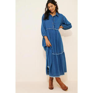 Anthropologie - Tiered Denim Shirt Maxi Dress, Size XS